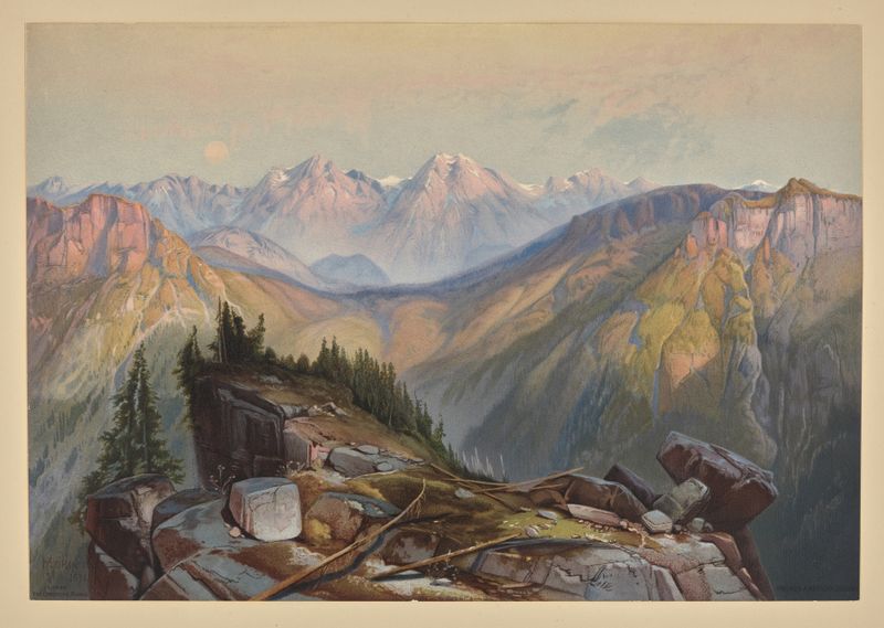 Lower Yellowstone Range de Thomas Moran, pintura al óleo que representa montañas y un valle.