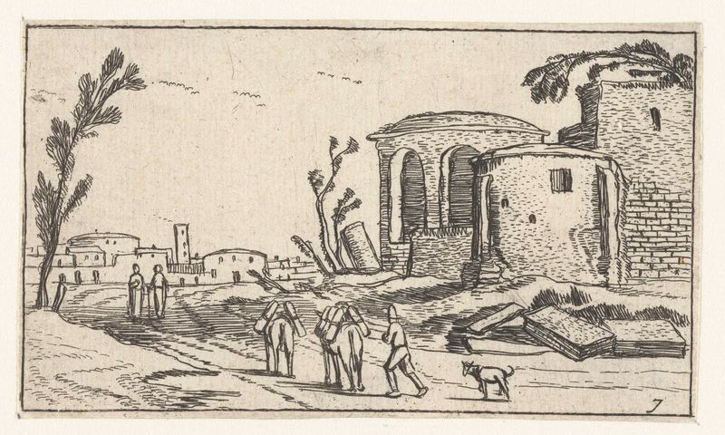 Landschap met ruïnes, grabado de artista desconocido, que muestra arcos en ruinas y vegetación exuberante.