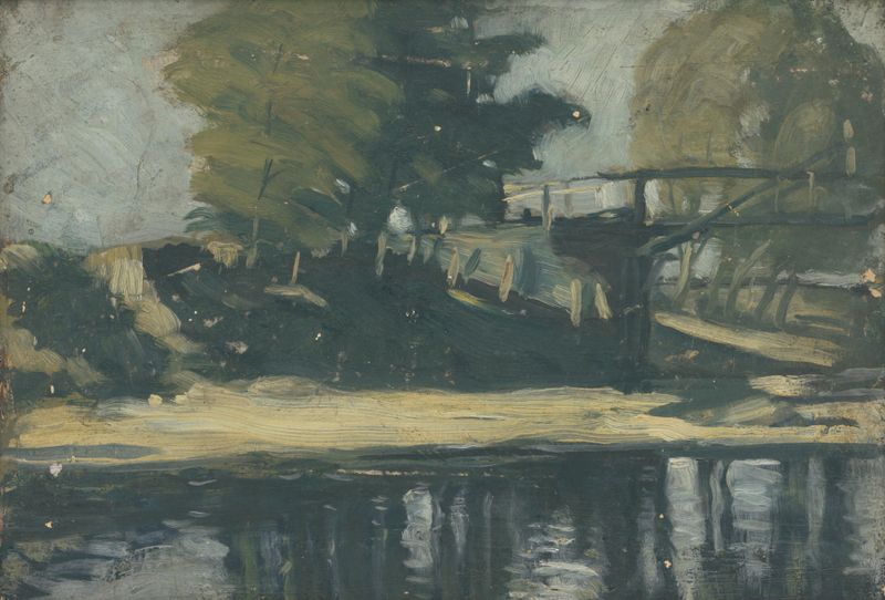 Starý most pri Berku, oil on canvas by Ján Thain, depicting an old bridge over a river in a serene landscape.