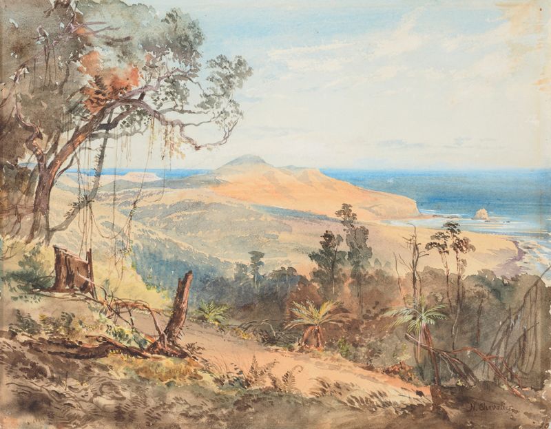 Paisagem de Sandfly Bay e Gull Rock de Nicholas Chevalier, óleo sobre tela