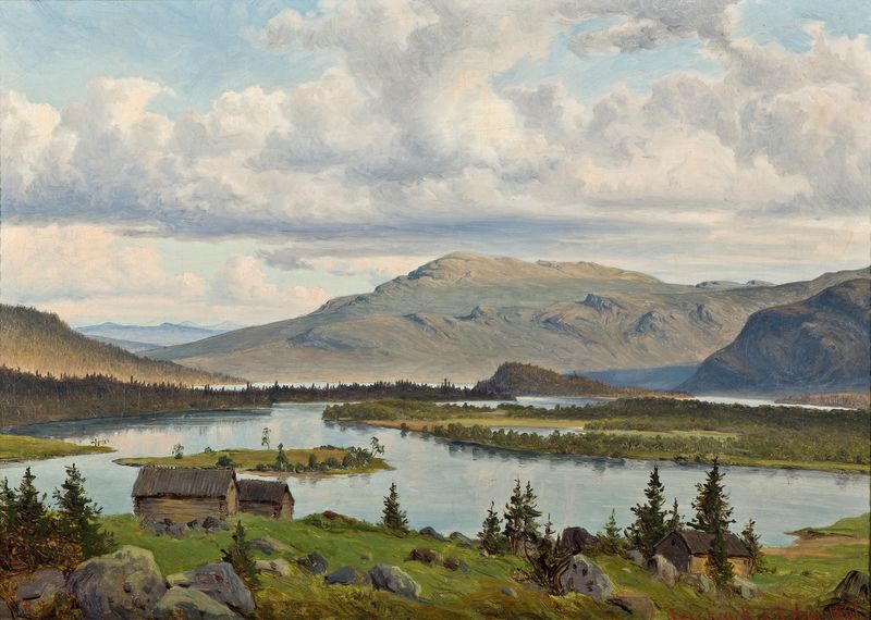 Saggat Swamp pintura al óleo de Per Daniel Holm que representa agua tranquila y vegetación exuberante.
