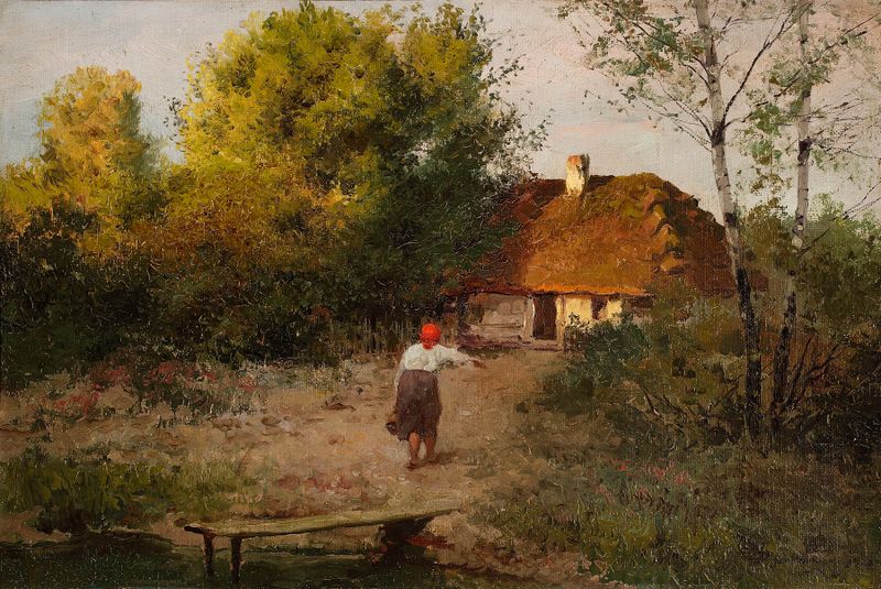 Peasant woman in front of a cottage, oil painting by Józef Rapacki
