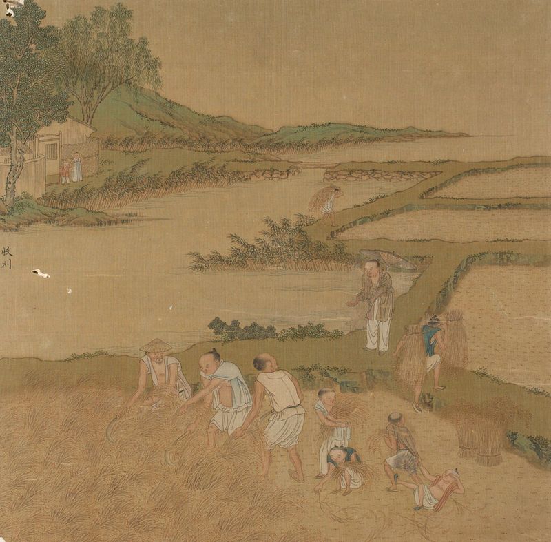 Trabalho em seda de Qiu Ying representando a cultura de arroz e seda