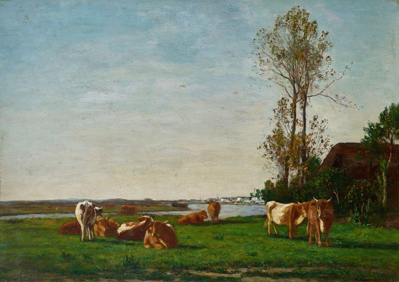 Paisaje con una cabaña de paja y un río de Eugène Boudin, pintura al óleo
