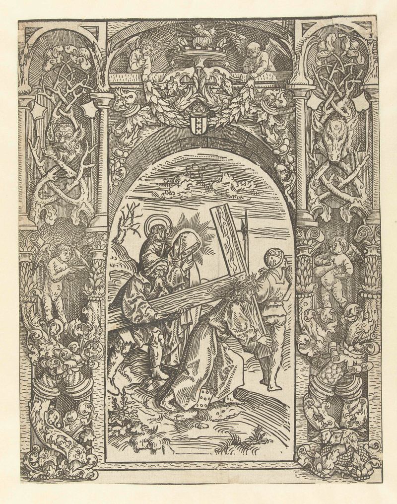 Kruisdraging met ornamentele omlijsting de Jacob Cornelisz van Oostsanen, medio papel que muestra figuras llevando una cruz.