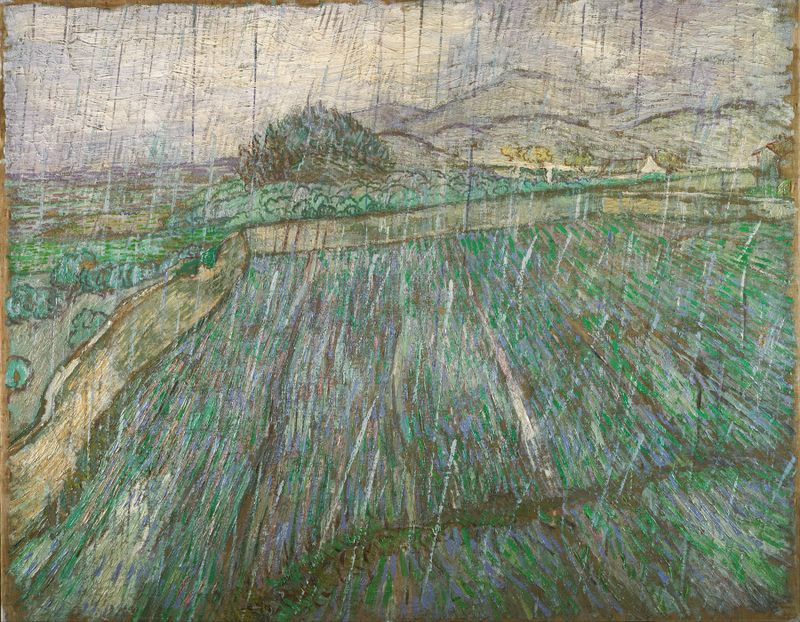 Rain de Vincent van Gogh, óleo sobre tela retratando uma paisagem tempestuosa com cores em espiral