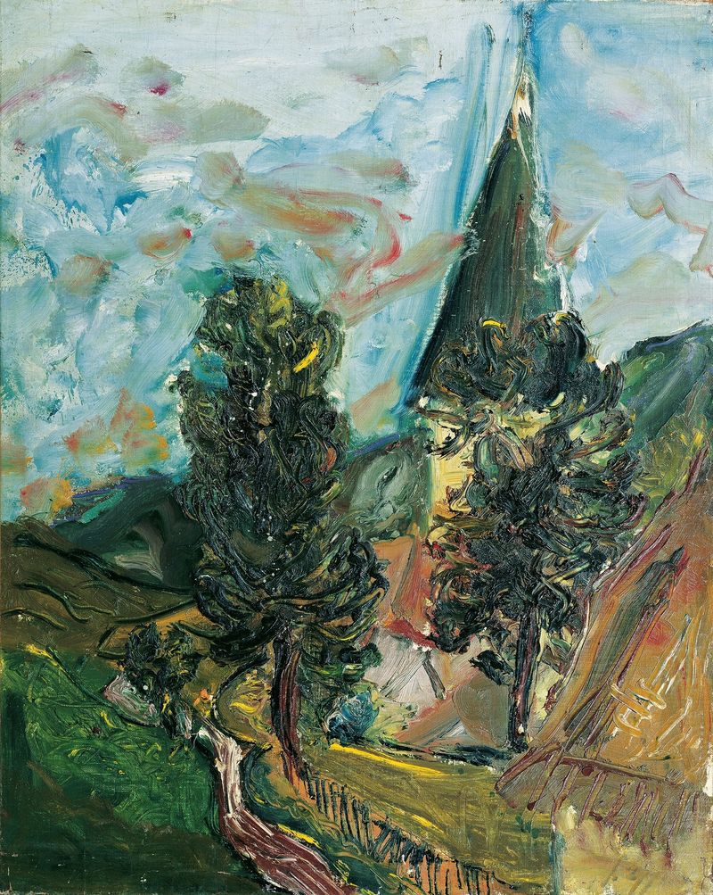 St. Martin am Silberberg, óleo sobre lienzo de Jean Hans Egger, que representa un pueblo en la naturaleza.