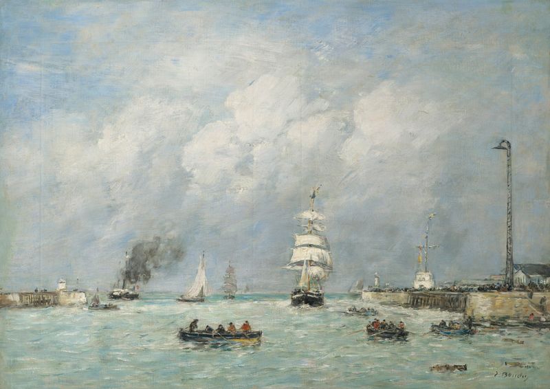 Le Havre, entrée du port de Eugène Boudin, óleo sobre tela representando um porto com barcos e ondas suaves.