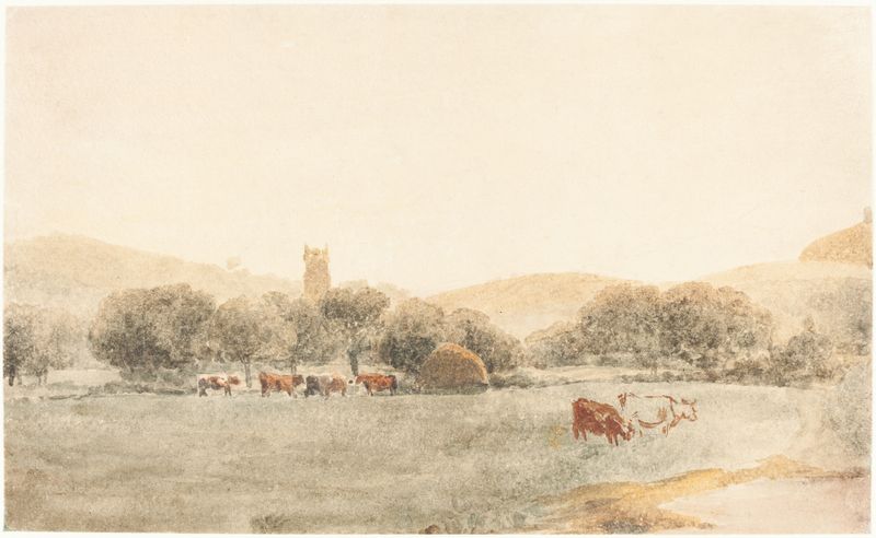 A meadow with cattle near Glastonbury, watercolor on paper by Peter De Wint