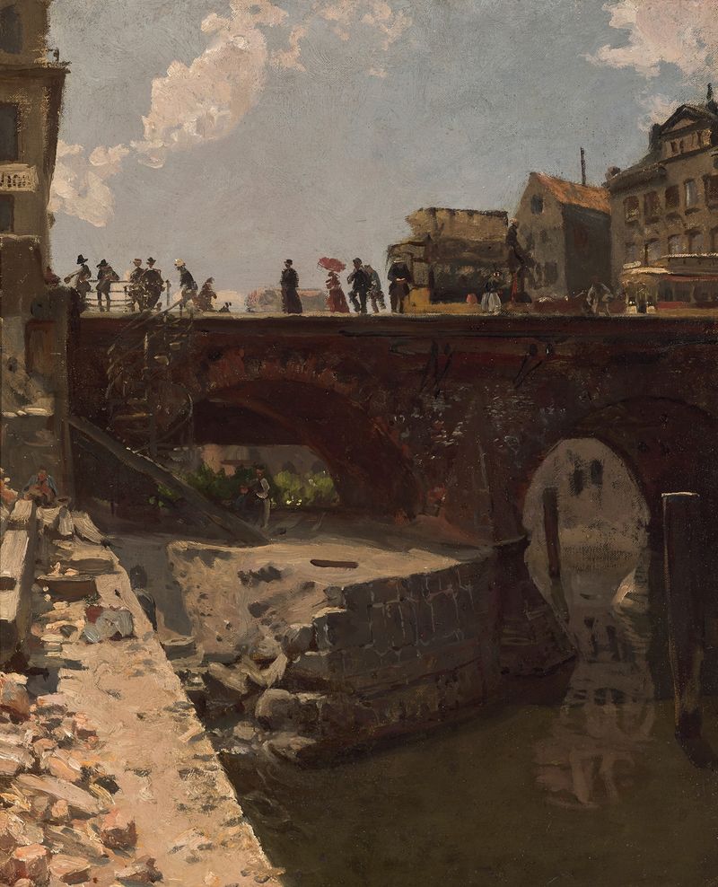 Brücke in einer französischen Stadt, óleo sobre tela de Stanislas Lépine, representando uma ponte sobre um rio.