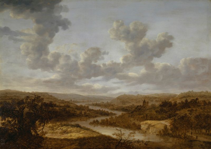 Gran paisaje de río de Dionijs Verburgh, óleo sobre lienzo que muestra una escena serena de río.