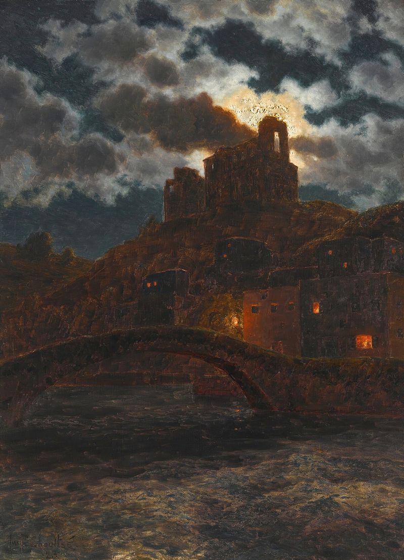 On The Banks At Twilight, oil on canvas by Ivan Fedorovich Choultse, depicting a serene river at twilight.