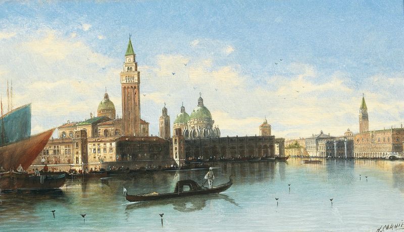 Venetian Scene II by Karl Kaufmann, oil on canvas depicting a landscape with water reflections.