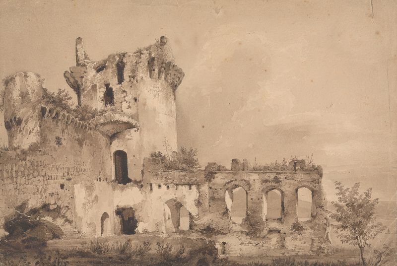 Ruins de Isaac Weld, que muestra un arco de piedra en ruinas con vegetación vibrante, óleo