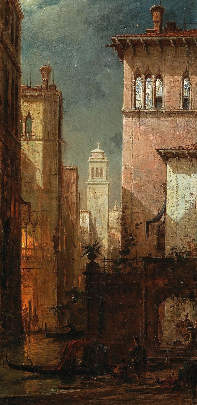 Venice, a Canal in the Moonlight by Ludwig Mecklenburg, oil painting depicting a moonlit canal.