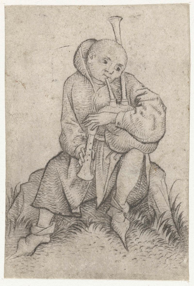 Doedelzakspeler de Meester van het Amsterdamse Kabinet, punta seca que representa un gaitero con una multitud.