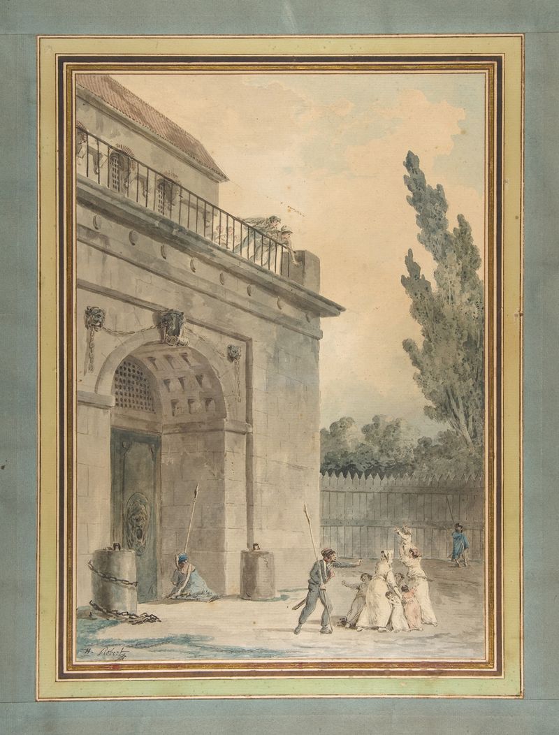 Visitantes salen de una prisión, óleo sobre lienzo de Hubert Robert, con sombras y árboles antiguos.