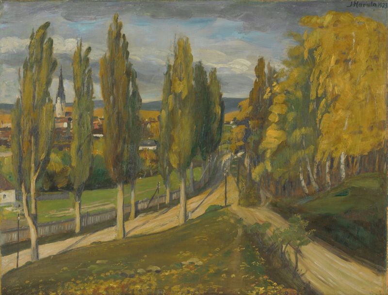 Oil painting by Jozef Hanula depicting a melancholic countryside landscape.