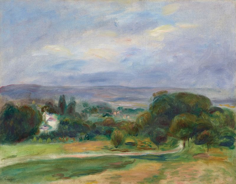 Le Sentier de Pierre-Auguste Renoir, óleo sobre lienzo, camino vibrante a través de un paisaje exuberante.