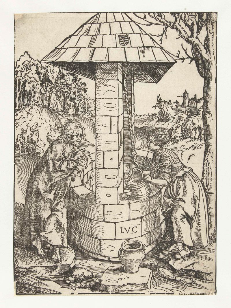 Escena religiosa con Cristo y la mujer samaritana, papel de Lucas Cranach