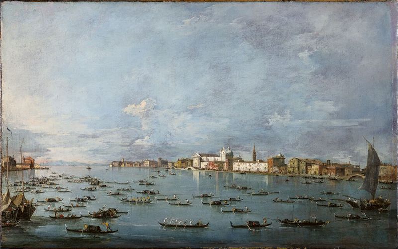 The Fondamenta della Zattere, Venice by Francesco Guardi, oil on canvas depicting Venetian architecture at sunset.