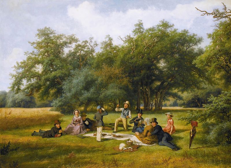El Picnic de David Monies, impresionismo, que representa una reunión bajo árboles con luz filtrada.