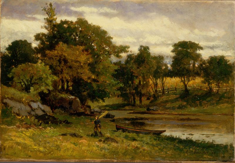 Paisaje al óleo de Edward Mitchell Bannister con un arroyo, un bote y un hombre caminando.