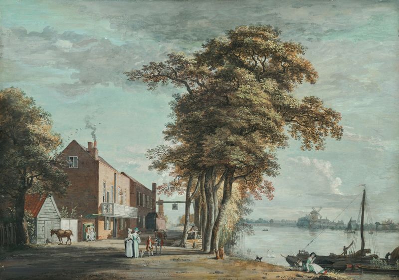 The Spread Eagle Tavern, aquarela sobre papel de Paul Sandby, retratando uma taverna iluminada.