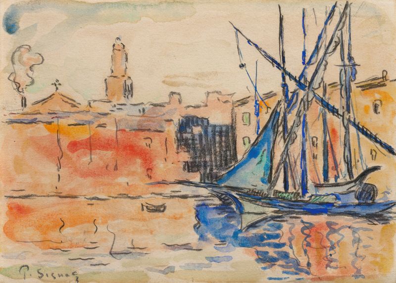 Saint-Tropez, le port by Paul Signac, oil painting depicting a harbor with boats and sunlight.