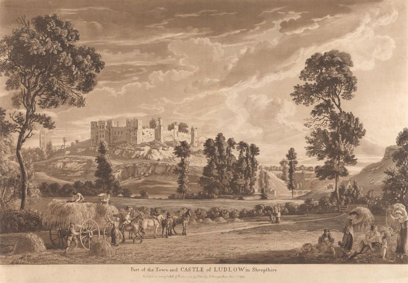 Acuarela de Paul Sandby que muestra los tejados y el paisaje de Ludlow