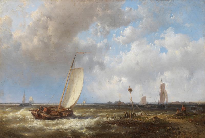 Marine scene with a ship and waves by Abraham Hulk, oil painting