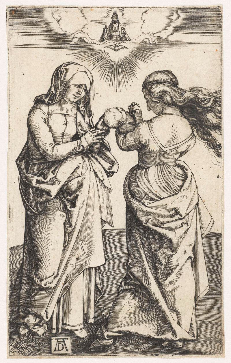 Grabado de Albrecht Dürer que representa a Anna y sus hijas en luz dorada.