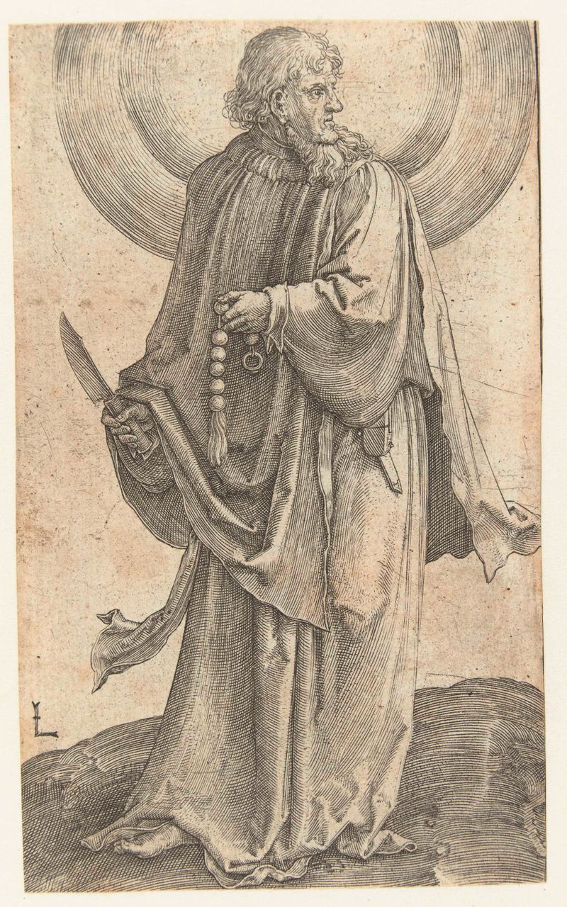 Gravura de Lucas van Leyden mostrando Bartholomeus segurando uma faca.