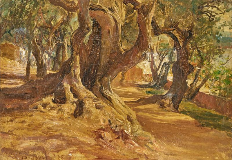 Tree trunk oil painting by Frederick Arthur Bridgman highlighting intricate light and shadow.