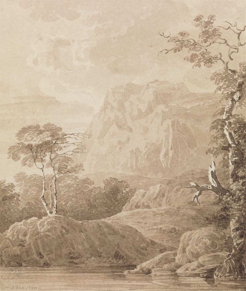Rocky River Landscape de John Martin, pintura a óleo que retrata um rio tumultuoso e um pôr do sol ardente.
