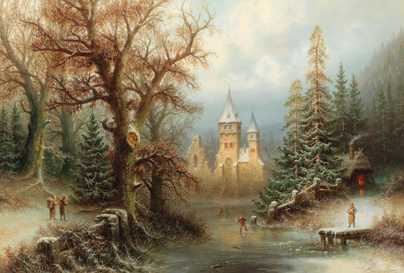 Winter landscape with ice skaters by Albert Bredow, oil on canvas