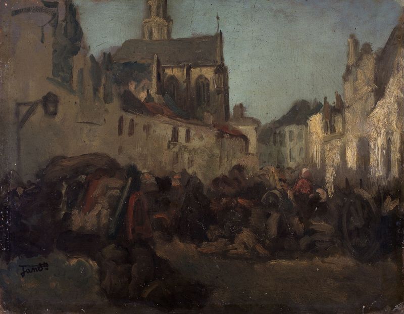 O Mercado de Jan Stobbaerts, óleo sobre tela, cena vibrante de mercado com figuras e luz do sol.