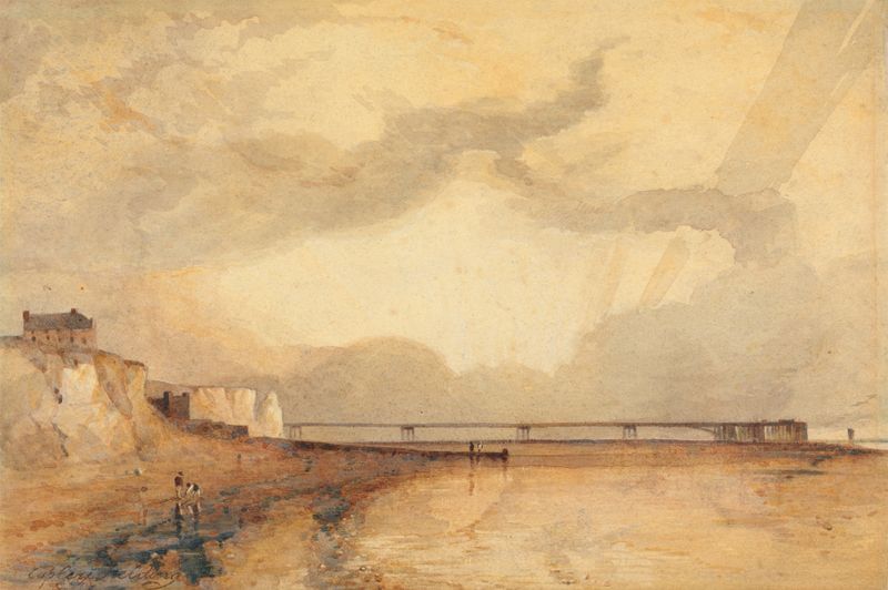 Marine Pier, Brighton, Sunset by Copley Fielding, oil painting depicting a vibrant sunset over tumultuous waters.