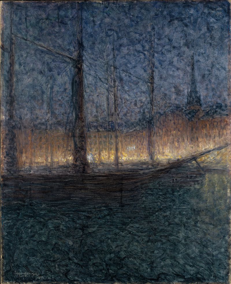 Evening in Kornhamnstorg, Stockholm by Eugène Jansson, oil painting depicting a city at dusk.