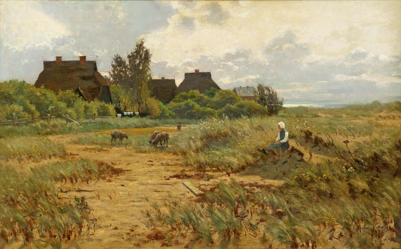 Paisagem com campos de verão e flores, pintura a óleo de Paul Müller-Kaempff
