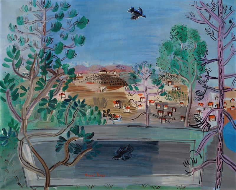 Paisagem fauvista de Raoul Dufy, Le réservoir à Golfe-Juan, à l’oiseau, pintura a óleo