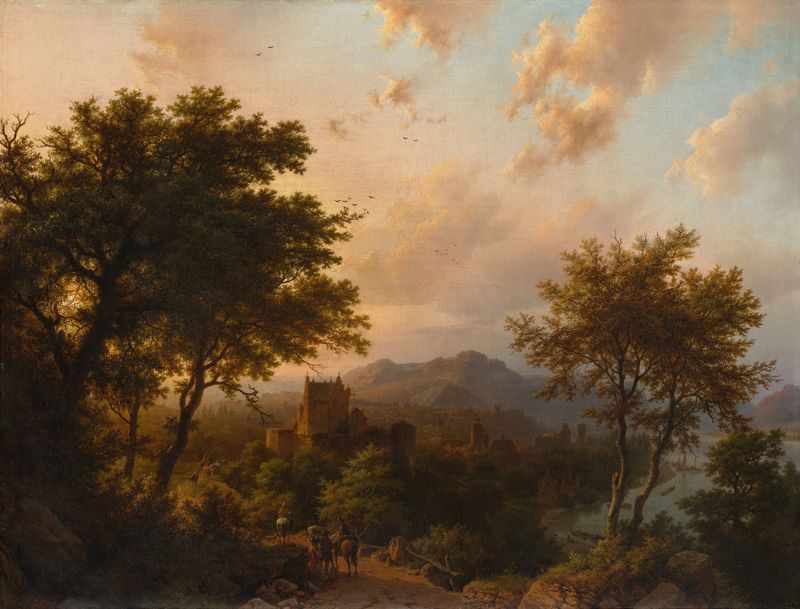 Sunset on the Rhine by Barend Cornelis Koekkoek, oil on canvas depicting a river at dusk.