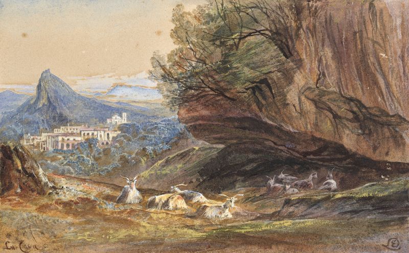 Acuarela de Edward Lear que representa un paisaje al atardecer con colinas y suaves tonos.