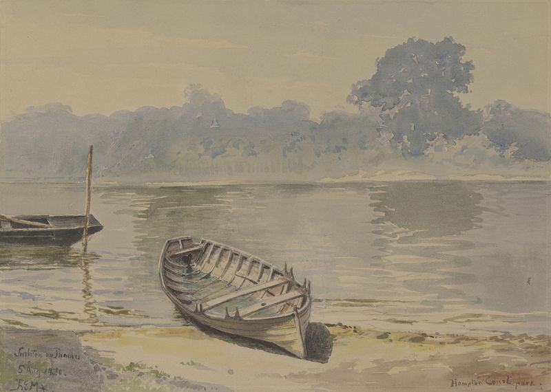 From Hampton Court Park, oil painting by Friedrich Ernst Morgenstern, featuring a serene lake and trees at sunset.