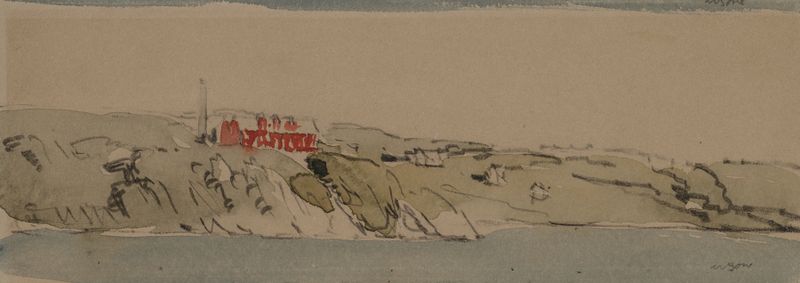 Entering Bergen, etching by Muirhead Bone, depicting a nostalgic landscape with buildings and shadows.
