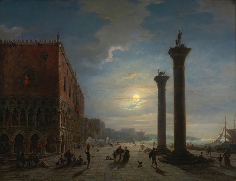 Venice By Moonlight by Ludwig Mecklenburg, oil painting depicting moonlight reflection on water.