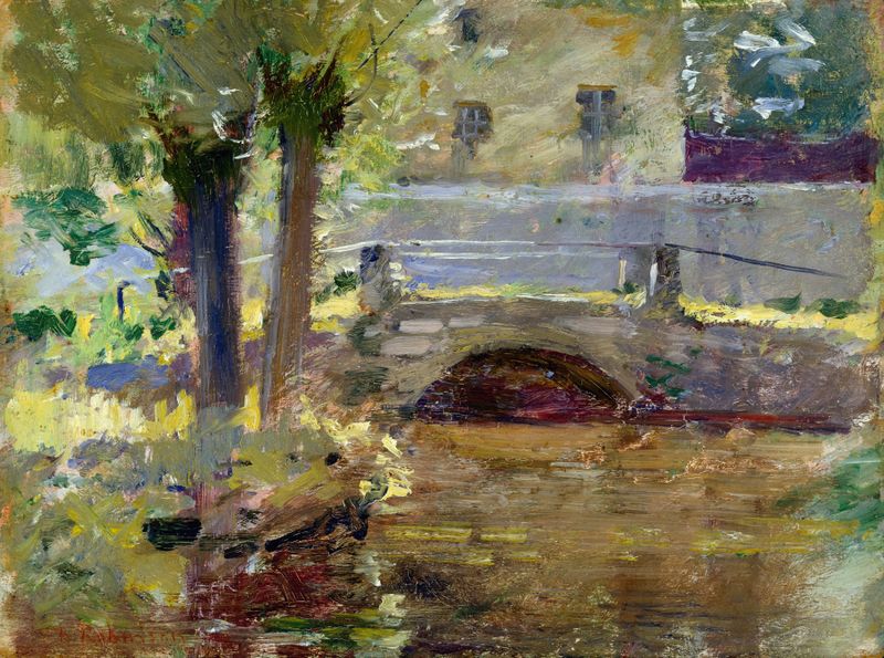The Bridge at Giverny, oil on canvas by Theodore Robinson, featuring a bridge over water with lush greenery.