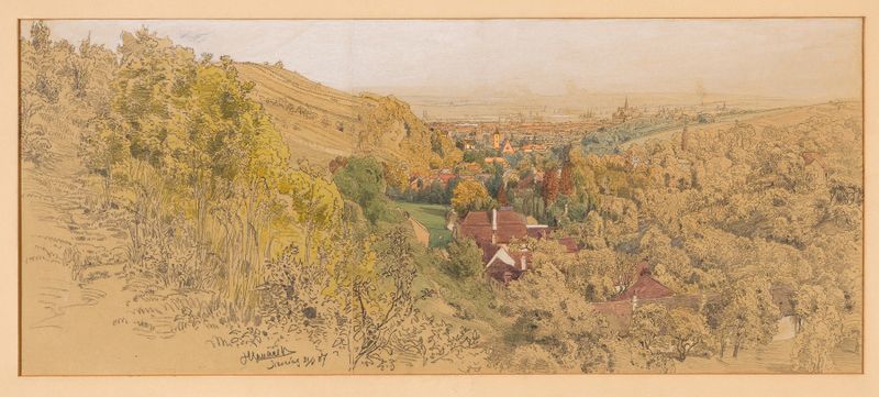 Paisaje de colinas y una ciudad bajo un cielo resplandeciente de Anton Hlavacek, pintura al óleo