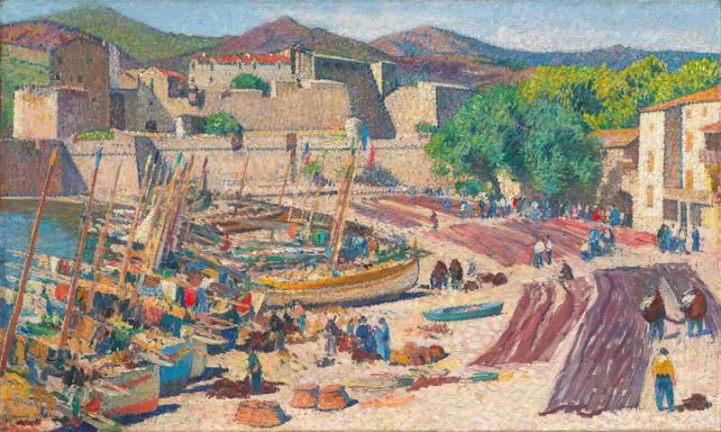 Port de Collioure le 14 juillet, séchage des filets sur la grève de Henri Martin, óleo