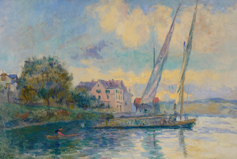 Pintura a óleo de Albert Lebourg retratando um lago ao amanhecer com árvores e reflexos.